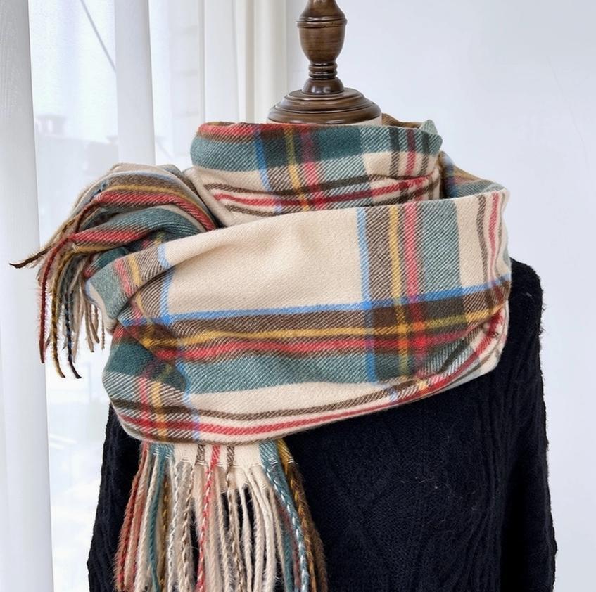 Plaid Winter Scarf-Vintage Tassel Shawl