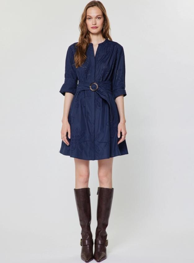 Eyelet Embroidered Belted Mini Dress (Navy)