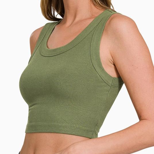 Ribbed Scoop Neck Cropped Tank Top (Light Olive)