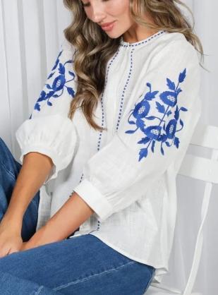 Floral Embroidered Detailing 100%Cotton Blouse (Off White/Royal Blue)