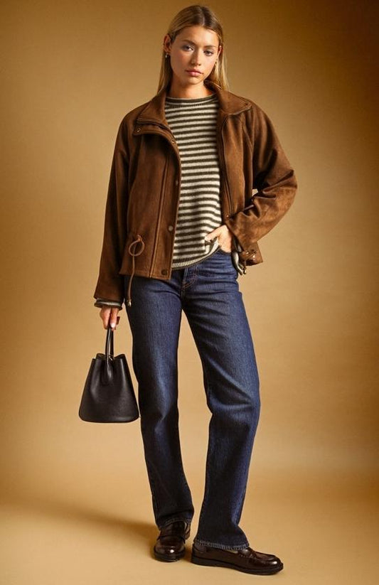 Suede Button Front High Collar Jacket (Brown)
