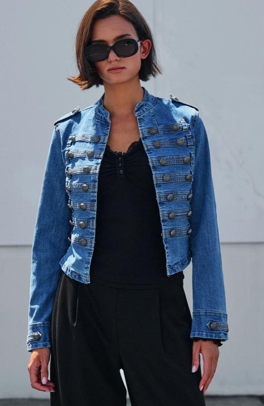 Military Double-Button Denim Jean Jacket (Blue)