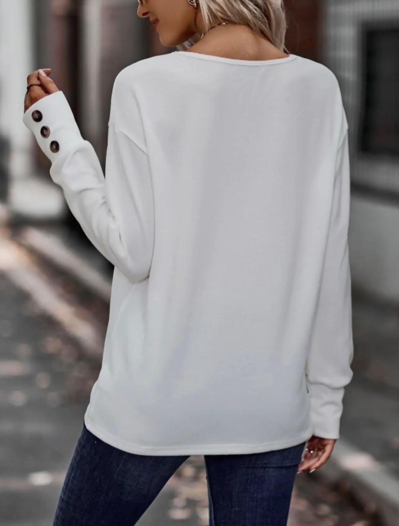 Solid V-Neck Loose Long Sleeve Button Top (White)