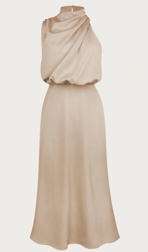 One-Shoulder Halter Formal Midi Dress (Apricot)