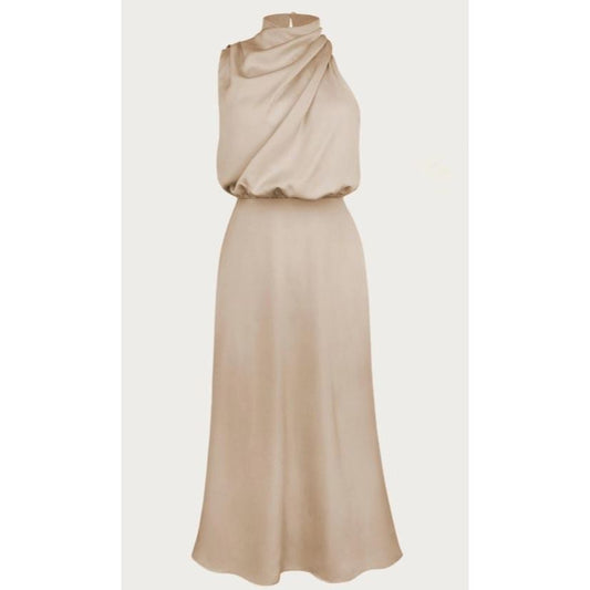 One-Shoulder Halter Formal Midi Dress (Apricot)