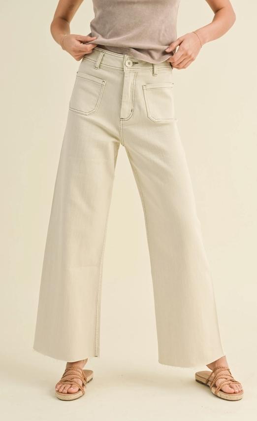 Straight Wide Leg Pants with Front Pocket (Washed Beige)
