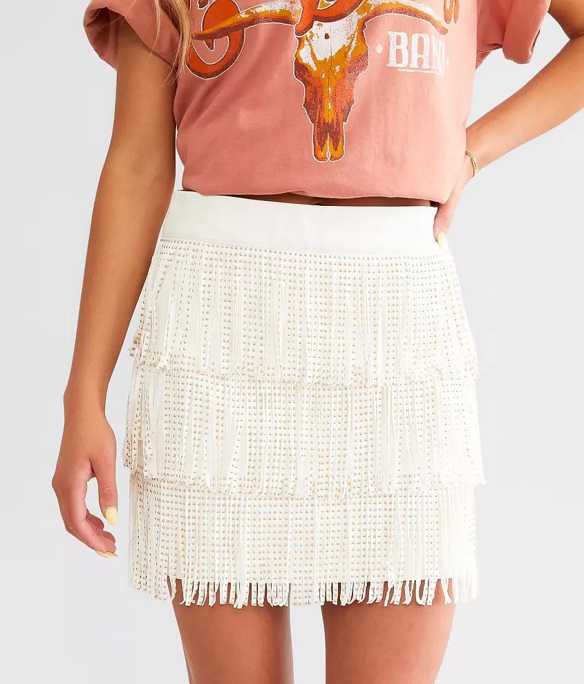 Faux Leather Stud Fringe Mini Skirt Side Zipper (White)