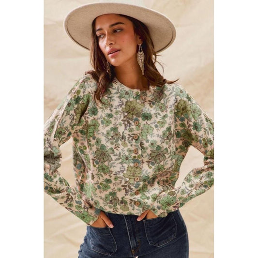 Floral Print Button Front Sweater Cardigan Top (Olive Thyme)