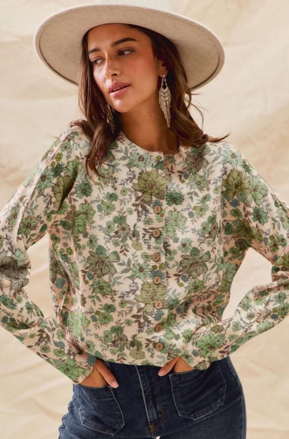 Floral Print Button Front Sweater Cardigan Top (Olive Thyme)