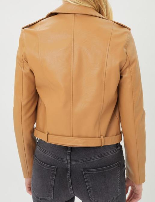 Faux Leather Zip Up Biker Jacket (Camel)