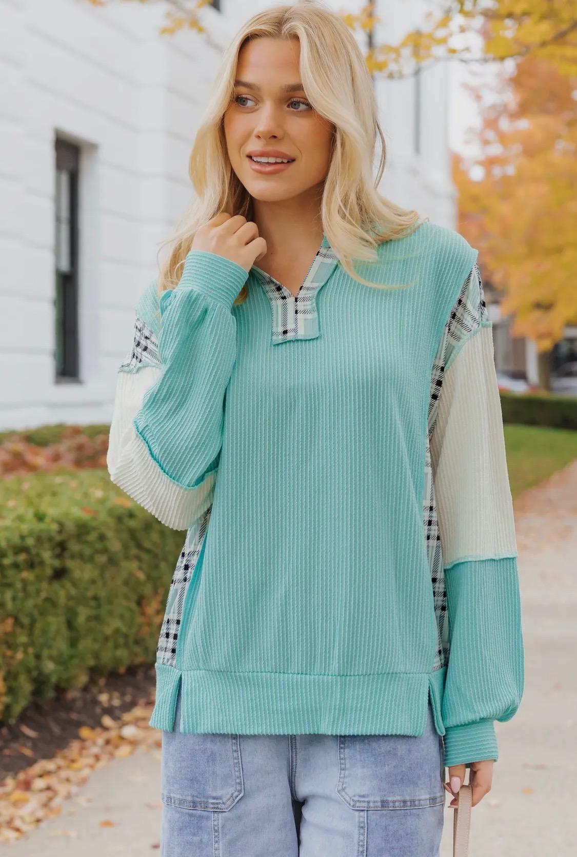 Patchwork Sleeve Blouse (Aqua)