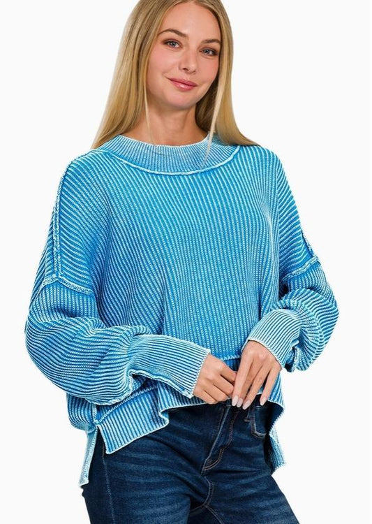 Washed Side Slit Oversized Cropped Sweater (Deep Sky)