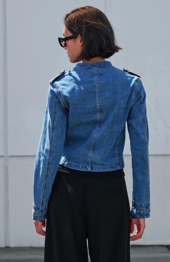 Military Double-Button Denim Jean Jacket (Blue)