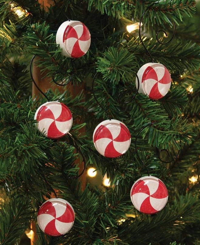 6/Set - Wood & Glass Marble Peppermint Ornaments