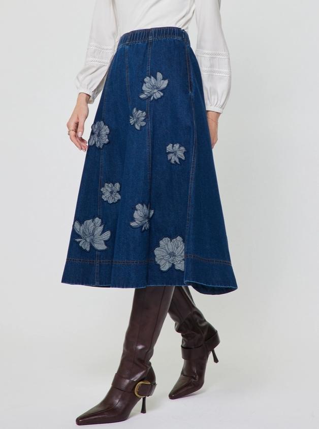 Floral Embroidery Patch Denim Midi Skirt (Denim)