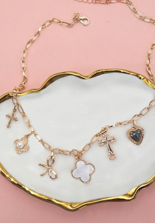 Charm Necklace-Clover Bow Cross Heart Flower