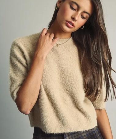 Fluffy Cropped Faux-Fur Sweater with Round Neck