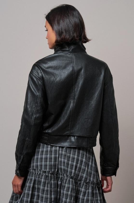 Faux Leather Bomber Jacket with Cargo Pockets (Black)