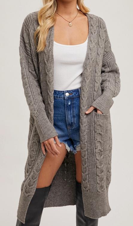 Cable Knit Sweater Long Line Cardigan (Ash Grey)