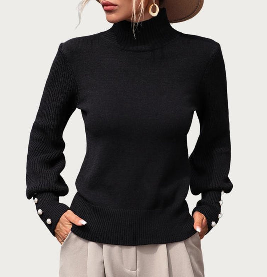 Basic But Chic Mock Neck Balloon Sleeve Knit Sweater (Black)