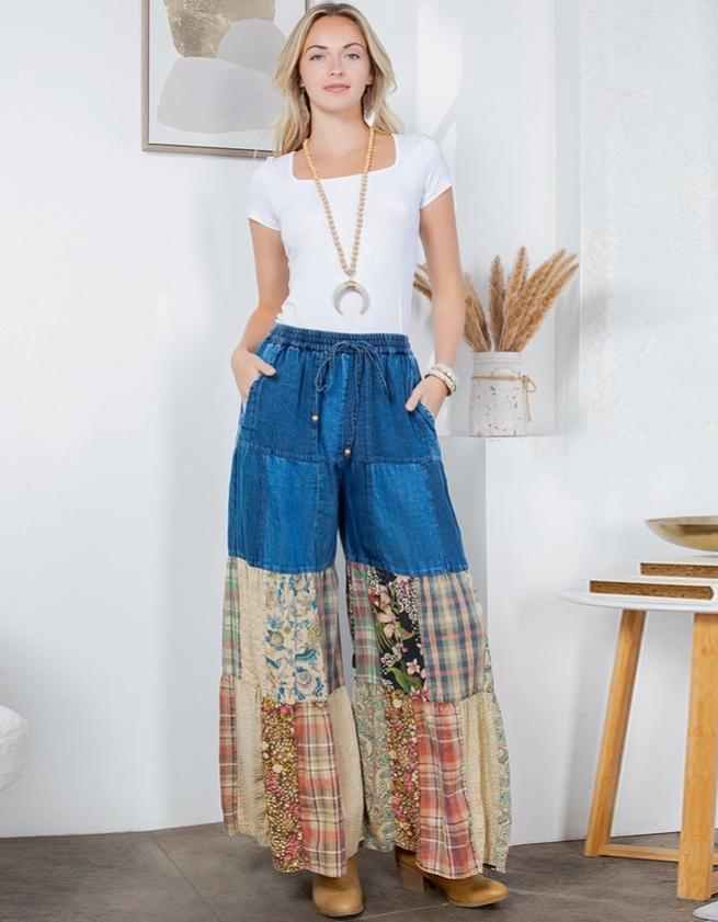 Boho Tiered Patchwork Denim & Lace Wide-Leg Pants (Denim)