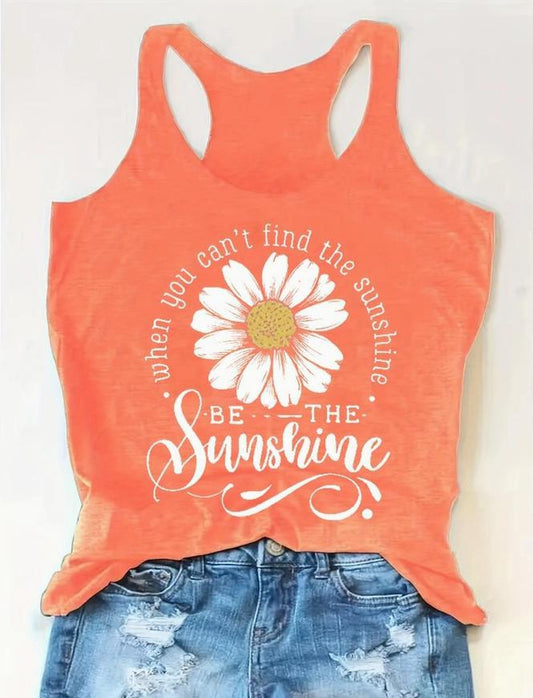 Sunflower & Letter Print Crewneck Tank Top (Orange)