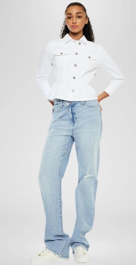 Marilou Peplum Denim Jacket – Button Down Flare Fit (White)