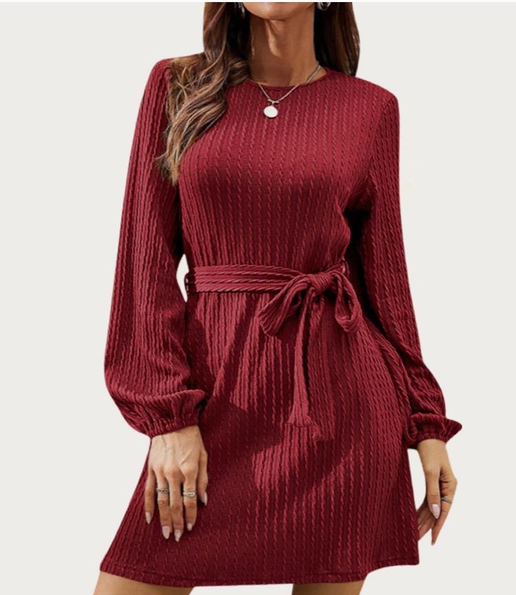 Casual and Soft Textured Long Sleeve Knit Mini Dress (Burgundy)