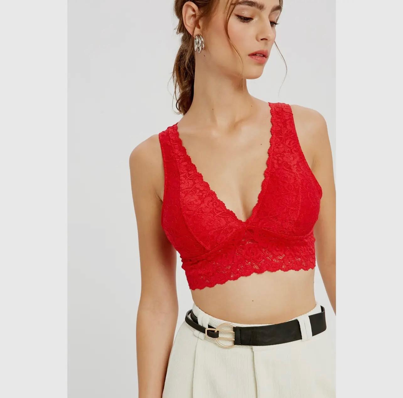 Scalloped Lace V Neck Padded Bralette (Red)