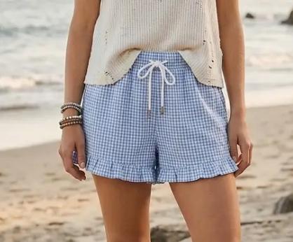 Checkered Woven Ruffle Hem Shorts (Blue)
