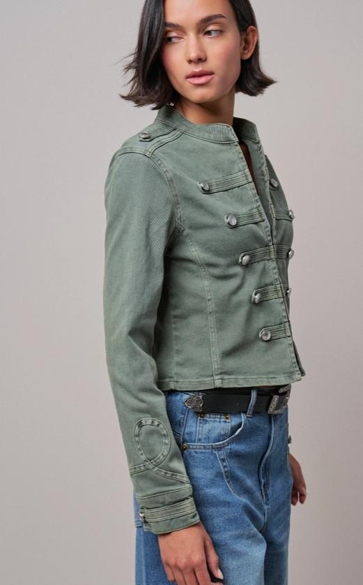 Military Double-Button Stretch Cotton Jacket (Olive)