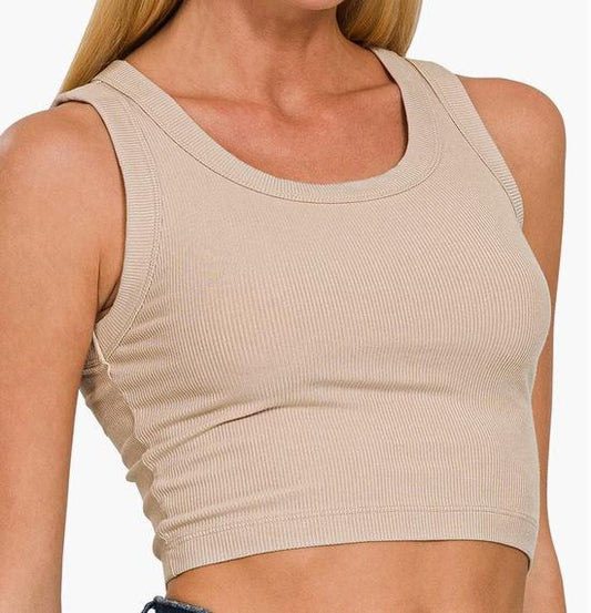 Ribbed Scoop Neck Cropped Tank Top (Light Mocha)