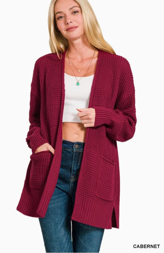 Low Gauge Waffle Open Cardigan Sweater (Cabernet)