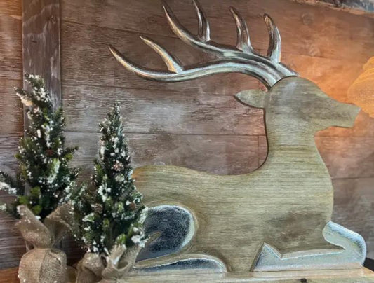 Wooden Laying Deer with Silver Antlers