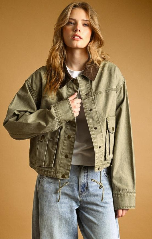 Collar Contrasted Utility Jacket (Olive)