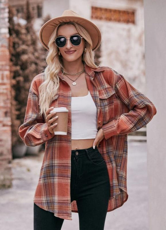 Woman's Oversized Loose Plaid Shirt (Khaki)