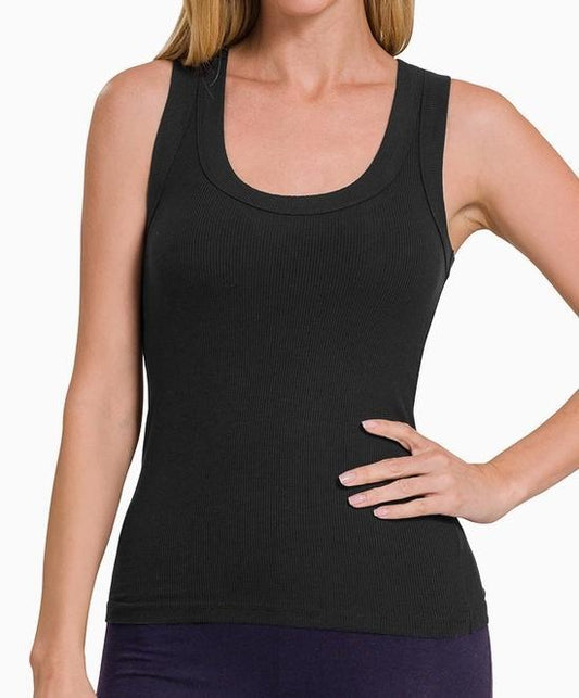 Rayon Spandex Ribbed Scoop Neck Tank Top (Black)