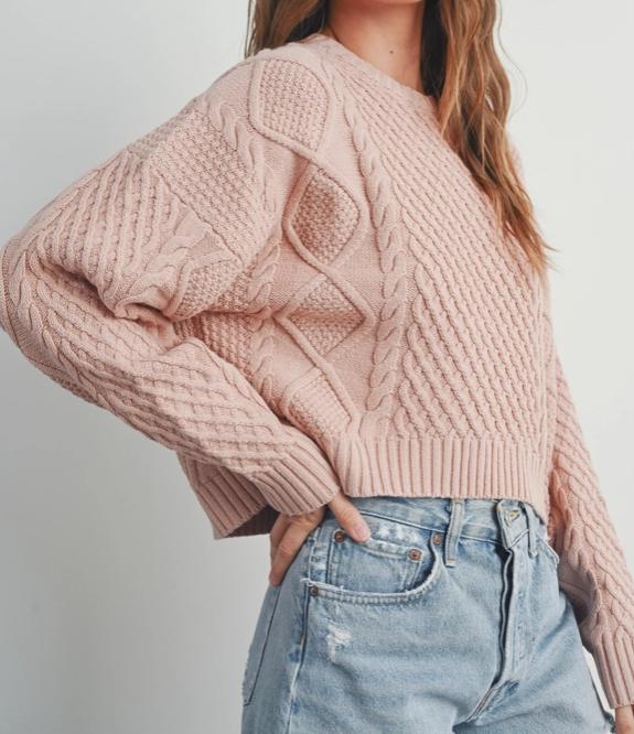 Casual Solid Cable Knit Sweater (Blush)