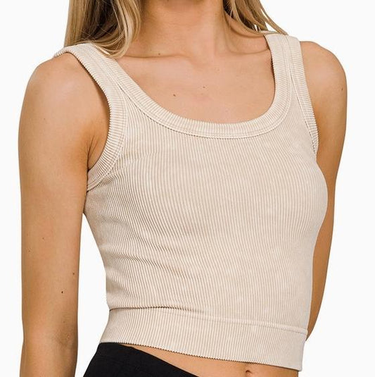 Double Scoop Neck Premium Wash Seamless Tank (Sand Beige)