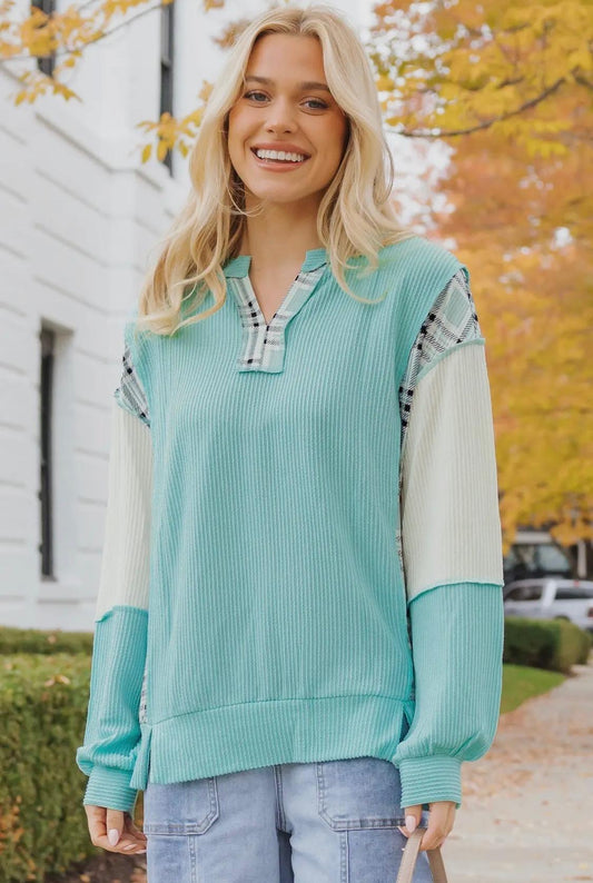 Patchwork Sleeve Blouse (Aqua)