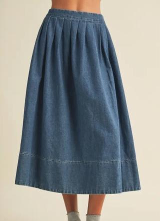 High-Waist Pleated A-Line Denim Skirt
