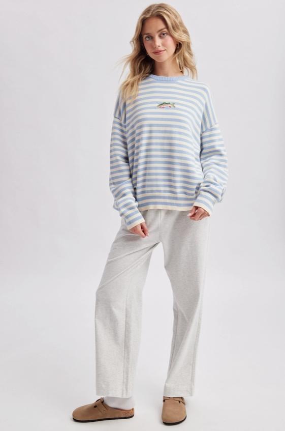 Striped Fish Coastal Graphic Crew Neck Sweater