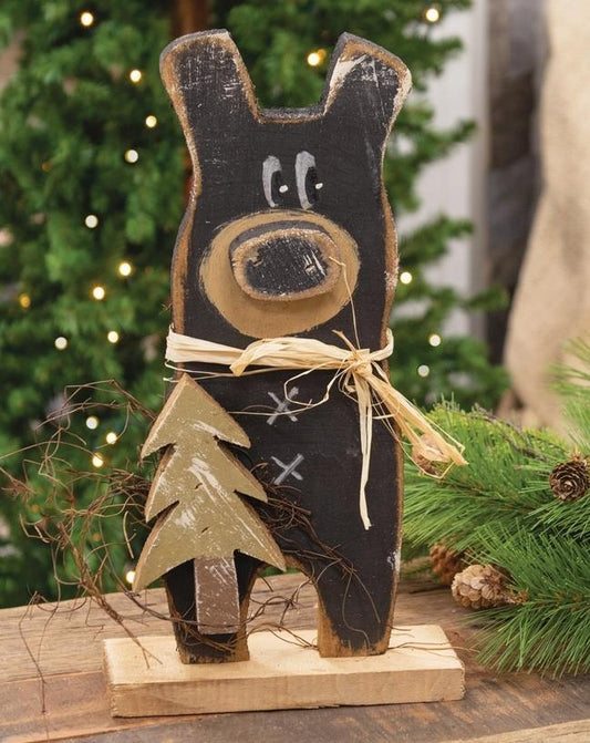 Rustic Wood Black Bear with Tree On Base - 15"H