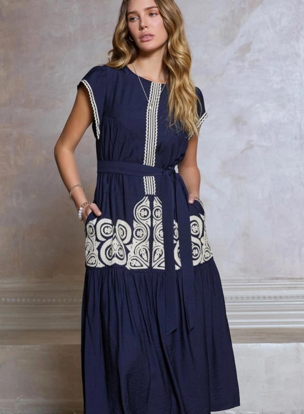 Boho Embroidery Cap Sleeve Midi Dress (Navy)
