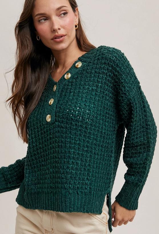 Thermal Henely Sweater Top (Hunter Green)