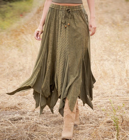 Boho Handkerchief Hem Patchwork Maxi Skirt (Gravel)