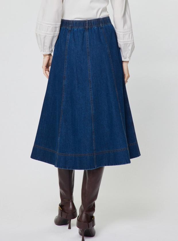 Floral Embroidery Patch Denim Midi Skirt (Denim)