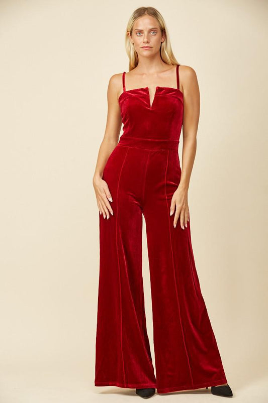 Structured V-Trim Velvet Jumpsuit (Wine)