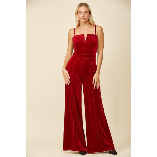 Structured V-Trim Velvet Jumpsuit (Wine)