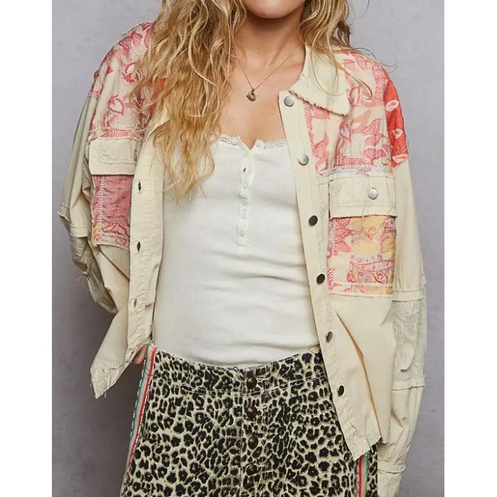 Woven Mixed Denim Shacket (Cream)